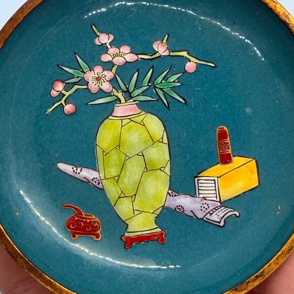 Vintage Cloisonné Trinket Dish With Floral Vase Design & Gold Trim - Picture 5 of 6